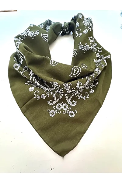 ALS Tasarım Dünyası White Floral Patterned 100% Cotton Bandana in Khaki Color