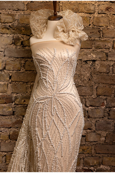 Handmade Yarım Metre Ten Rengi İnci ve Boncuk İşlemeli Tül İşlemeli İnciler ile Abiye Giyim için, Kod: 5220