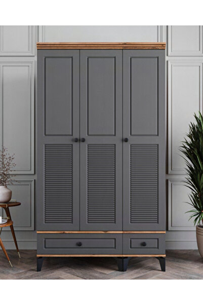 miracool Panjur Fix 3 Kapılı Dolap / %100MDF / Çam-Antrasit / Ücretsiz Kurulum