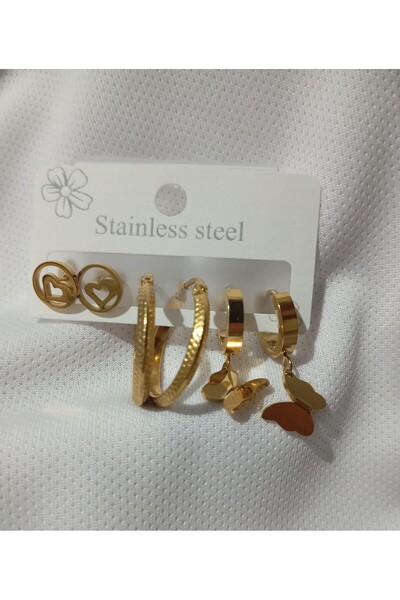 ÜLGEN مجموعة أقراط الفراشة والقلب الفولاذية