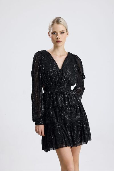 mafdress Women's Black Sequin Sequin Mini Long Sleeve Evening Dress