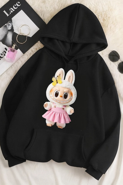 CLASSY.MODA سويت شيرت مطبوع عليه 3 خيوط للجنسين مقاس كبير – نمط أرنب لابوبو �...