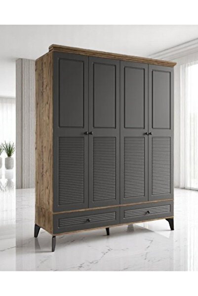 miracool Panjur Fix 4 Kapılı Dolap / %100MDF / Çam-Antrasit