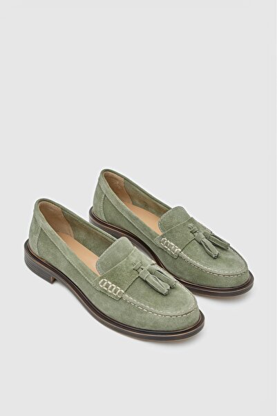 Lara Mira Avakado rengi hakiki süet deri püsküllü kadın Loafer ayakkabı 7700