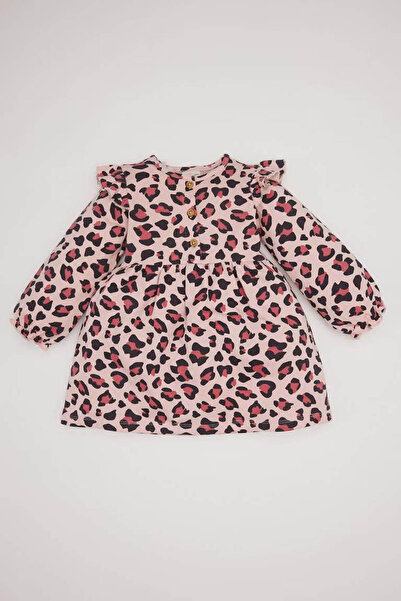 DeFacto Leopard Print Crew Neck Buttoned Pink Baby Girl Dress D7423A5/Pn243