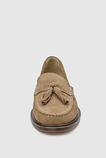 Lara Mira bej rengi hakiki süet deri püsküllü kadın Loafer ayakkabı 7700