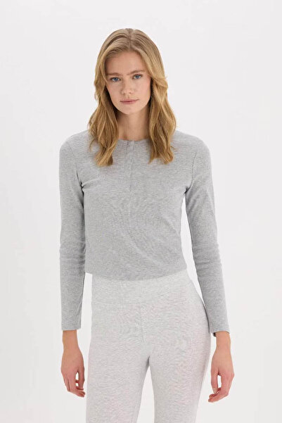 DeFacto Coool Fitted Button Collar Rib Gray Women's Long Sleeve T-Shirt E7680Ax/Gr210