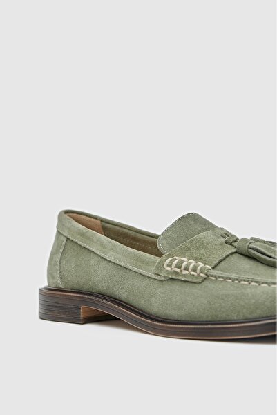 Lara Mira Avakado rengi hakiki süet deri püsküllü kadın Loafer ayakkabı 7700
