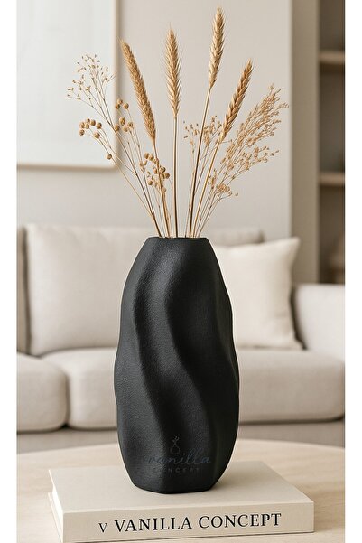 v Vanilla Concept Vază cu textura ondulată – Vază cu flori uscate și obiect decorativ pentru decorarea casei în stil boem, negru mat
