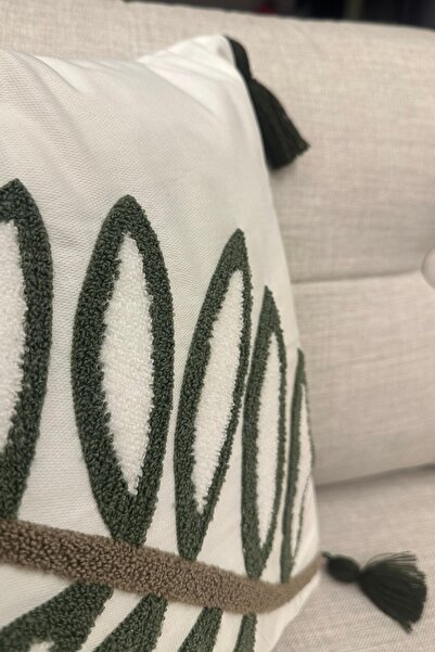 SİMEREV HALI HOME CONSEPT Punch Embroidered Cream Fabric Tasseled 1 Piece Throw Pillow Case Modern Bohemian Pattern Case
