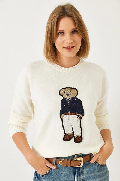 trendalisse Ecru Süzene Teddy Embroidered Crew Neck Women's Knitwear Sweater