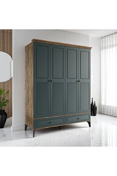 miracool Panjur Fix 4 Kapılı Dolap / %100 MDF / Çam-Yeşil / Ücretsiz Kurulum