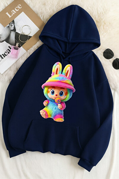 CLASSY.MODA سويت شيرت مطبوع عليه 3 خيوط للجنسين مقاس كبير – نمط أرنب لابوبو