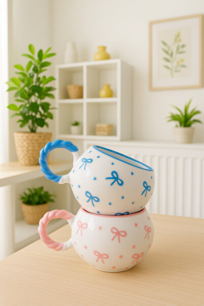 İZart 2' Bubble Knitted Handle Pink - Blue Bow Patterned Special Engraved Hand-Embroidered Ceramic Mug