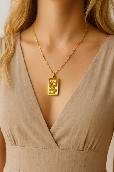 Herşey Nota Külçe Gold Bar Kadın Kolye – Zarif Metal Görünümlü Takı