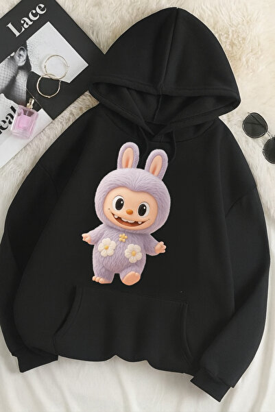 CLASSY.MODA سويت شيرت مطبوع عليه 3 خيوط للجنسين مقاس كبير – نمط أرنب لابوبو