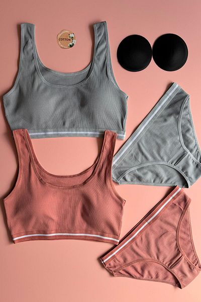 Elosia White Line 2-Pack |   Dusty Rose and Light Blue Color Cotton Rib Women's Tank Top and Panty Set