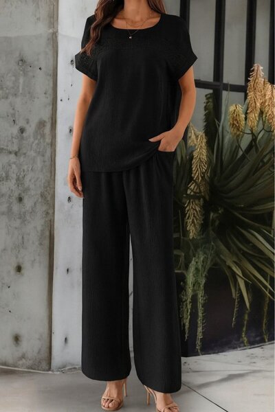 MODAVERA Women's Short Sleeve Open Collar Aerobin Blouse and Trousers Double Suit