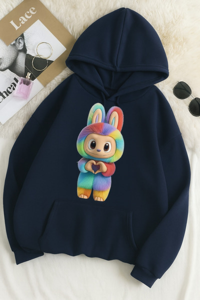 CLASSY.MODA سويت شيرت مطبوع عليه 3 خيوط للجنسين مقاس كبير – نمط أرنب لابوبو �...