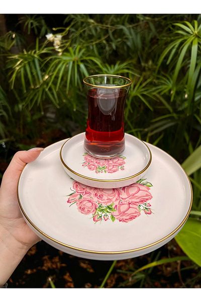 MAMALİZA 18 Piece Ceramic Breakfast Set – Flower Pattern, Tea Cup 130 Ml, Cake Plate 19 cm