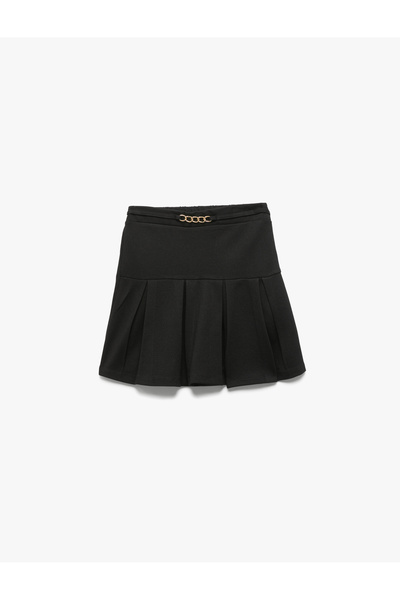 Koton Metal Belt Detailed Pleated Black Girl's Skirt 6Wkg70012Ak