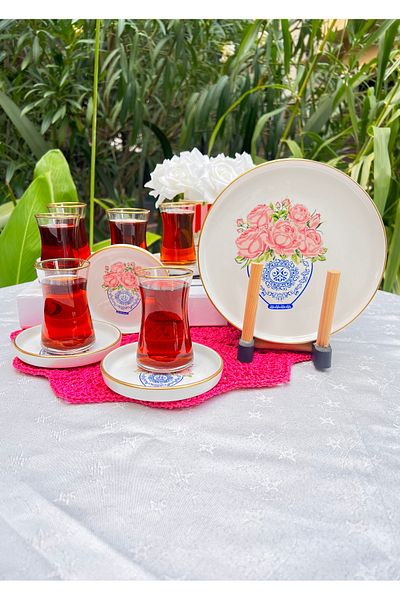 MAMALİZA 18 Piece Ceramic Breakfast Set – Flower Pattern, Tea Cup 130 Ml, Cake Plate 19 cm