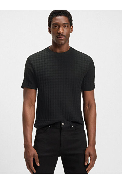 BOSS Erkek Normal Kalıp Yuvarlak Yakalı Kare Desenli Yumuşak Pamuklu Kısa Kol...