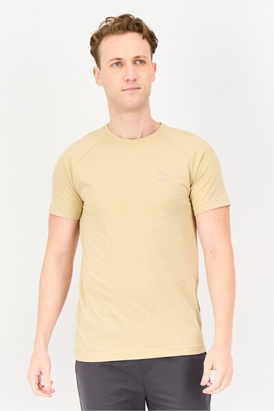 Puma Men Slim Fit Short Sleeves Embroidered Logo Outdoor T-Shirt, Tan