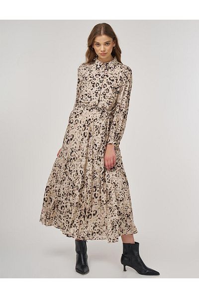 Kayra Leopard Pattern Pleated Dress Cream