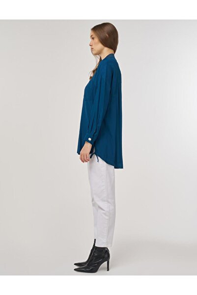 Kayra College Collar Linen Viscose Tunic Petrol