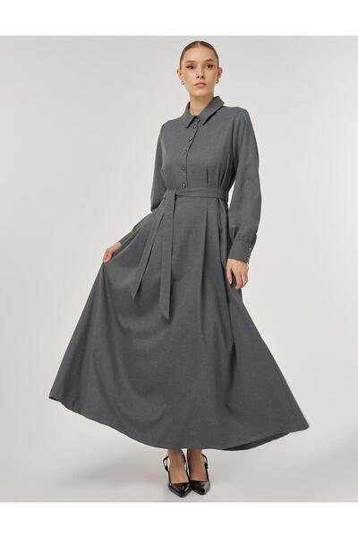 Kayra Button Detailed Viscose Dress Gray