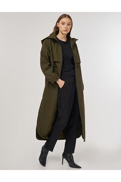 Kayra Waist Drawstring Stand Collar Parka Khaki