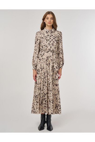 Kayra Leopard Pattern Pleated Dress Cream