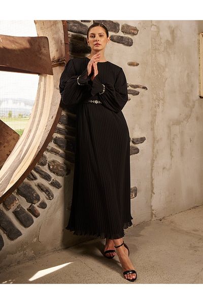 Kayra Stone Embroidered Stylish Dress Black