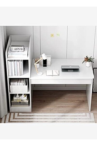 sharpdo Sharbedo Home Office Desk with Open Storage Shelves, 132×40×120 cm, White