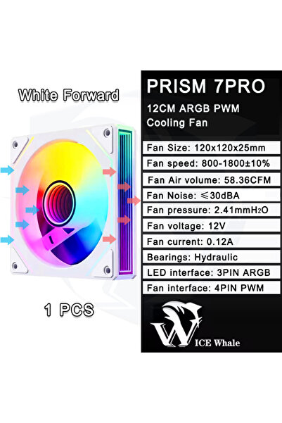 Choice1 A-RGB WHITE White Forward ICE Whale PRISM 7PRO 120mm ARGB Case Fan 1800RPM 4PIN PWM Large Air Volume