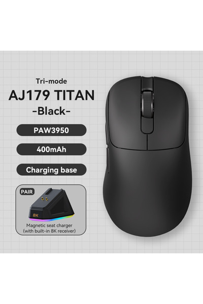 Ajazz فأرة ألعاب لاسلكية AJ179TITAN-Black AJ179 APEX PAW3950، 30000 نقطة في البوصة، 8 كيلو هرتز، مريحة لليد اليمنى