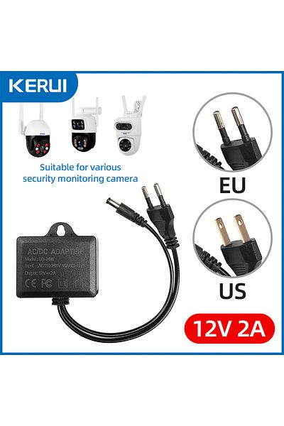 Kerui EU Plug AC/DC 12V 2A CCTV Camera Power Adapter Waterproof Outdoor Power Supply EU US Plug Adapter CC