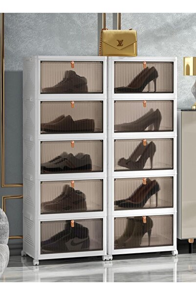 sharpdo Transparent 5-Layer Shoe Storage Box with Foldable Design and Universal Wheels