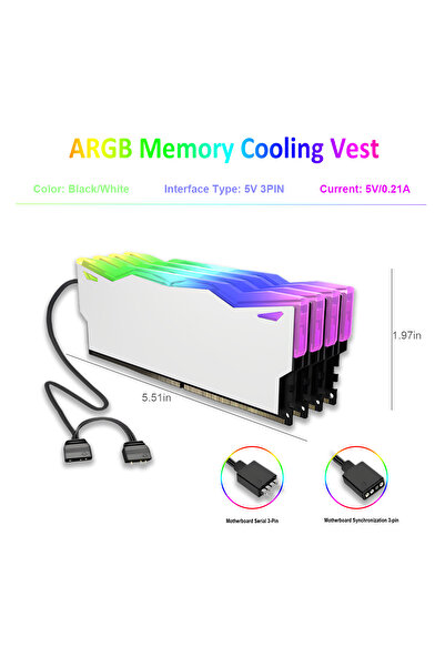choice2 مبرد ذاكرة DDR أبيض 5 فولت-3 سنون ARGB، مصنوع من سبيكة ألومنيوم مع وسادة سيليكون حرارية لـ DD