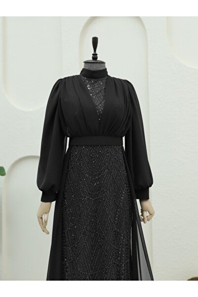 ALPACO Βραδινό φόρεμα σιφόν με λεπτομέρεια με χάντρες και παγιέτες - Μαύρο