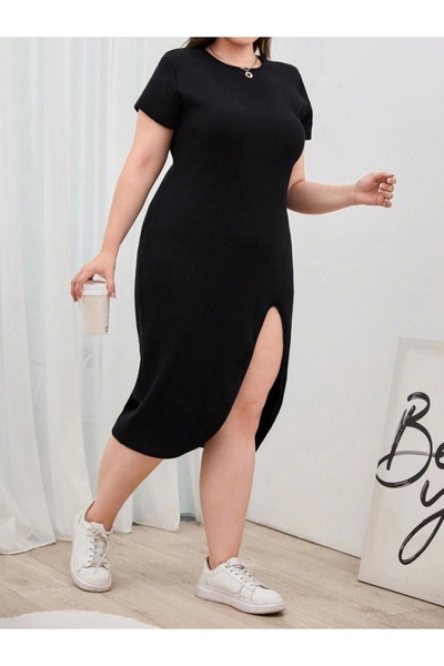 MetuCA Women's Plus Size Short Sleeve Side Slit Crew Neck Viscose Dress
