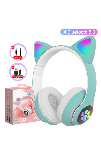 Choice سماعة أذن قطة لطيفة بمصباح فلاش أخضر، بلوتوث 5.0 ستيريو مع ميكروفون، تدعم بطاقة TF، لاسلكية للأطفال
