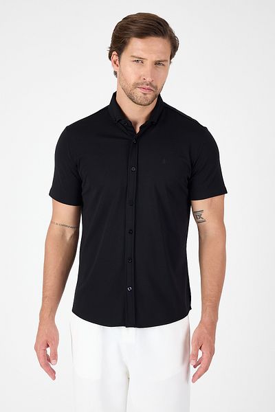 İmza Black Short Sleeve Button Collar No Pocket Performance Product Slim Fit Shirt 1004250256