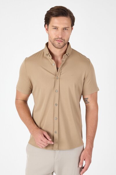 İmza Dark Beige Short Sleeve Button Collar Without Pocket Performance Product Slim Fit Shirt 1004250256