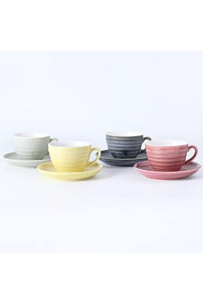 sharpdo Set of 8 Ceramic Coffee Cups and Round Plates, 300 ml (Mixed Color)