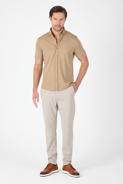 İmza Dark Beige Short Sleeve Button Collar Without Pocket Performance Product Slim Fit Shirt 1004250256