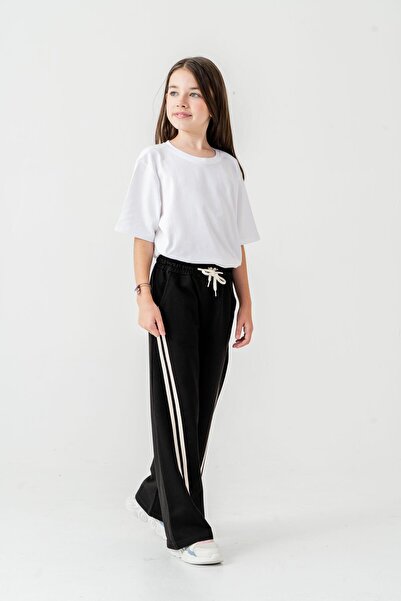 Mışıl Kids Girls' Wide Leg Herringbone Tracksuit Pants with Side Stripes