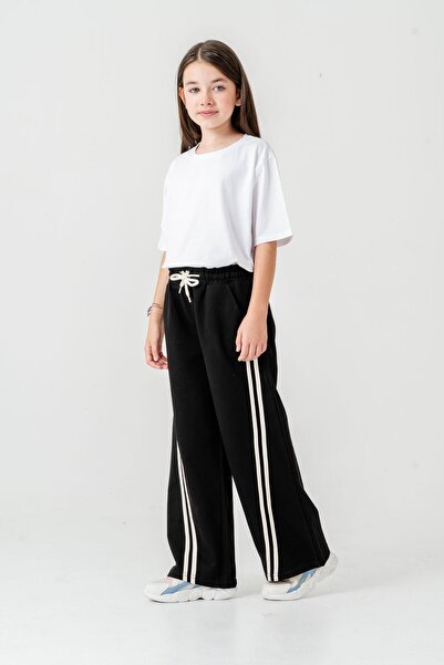 Mışıl Kids Pantaloni de sport pentru fete cu picioare largi și dungi laterale