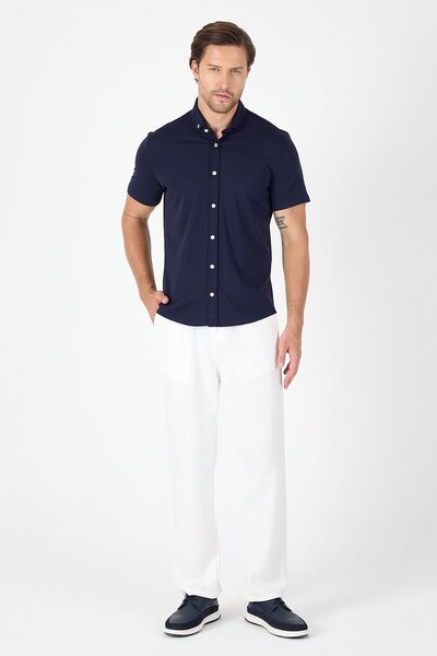 İmza Dark Navy Blue Short Sleeve Button Collar Pocketless Performance Product Slim Fit Shirt 1004250256